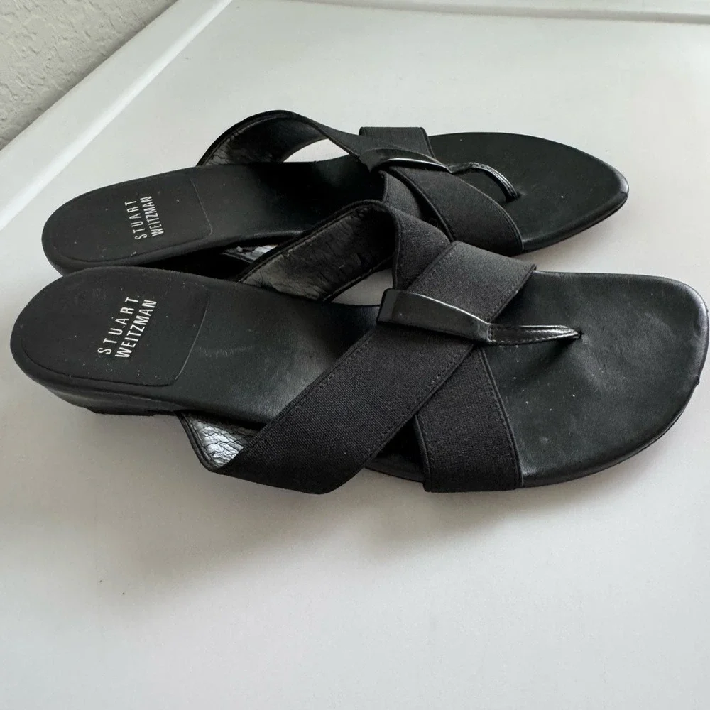 Stuart Weitzman Patent‎ Leather Elastic Wedge Sandals Size 7 W Box Ret $285
